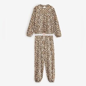 Love University Leopard Print Lounge Set Cropped Bubble Top Elastic Band Ankle